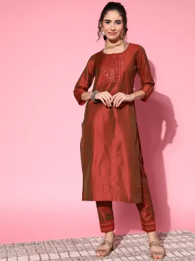 Women Rust Mirror Embroidered Kurta