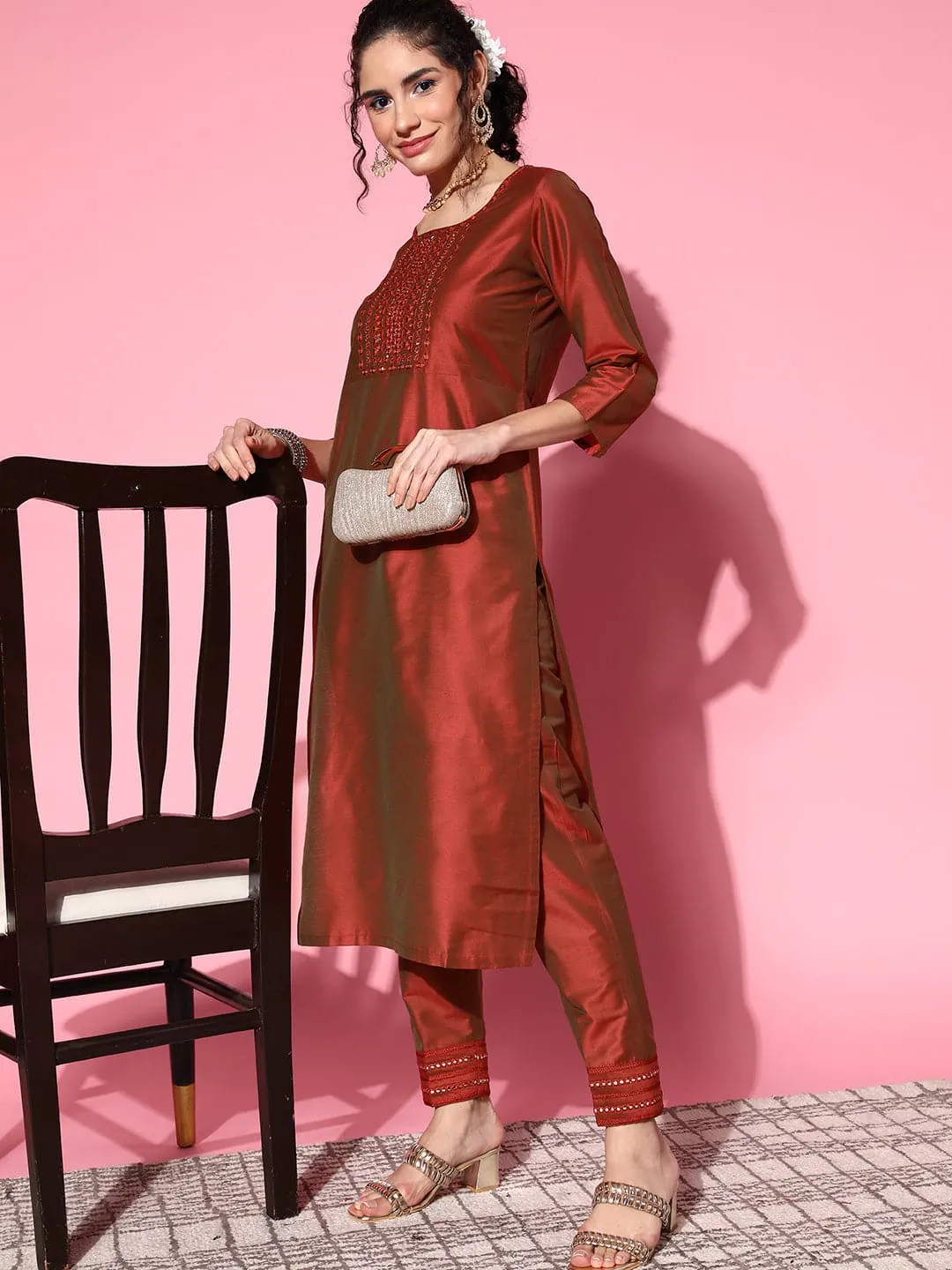 Women Rust Mirror Embroidered Kurta