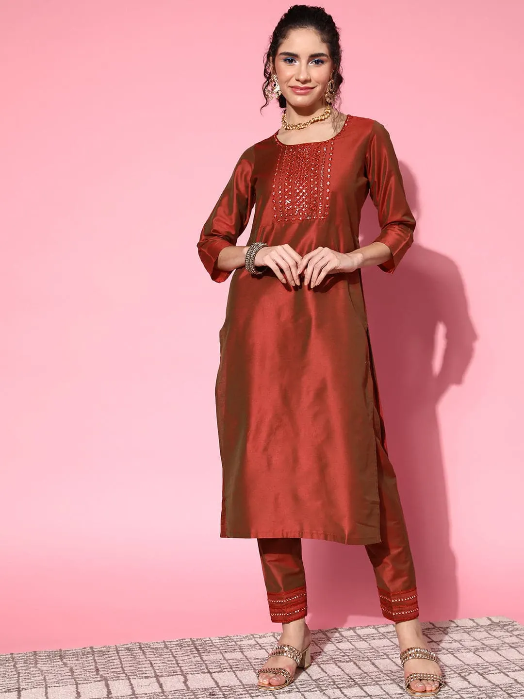 Women Rust Mirror Embroidered Kurta