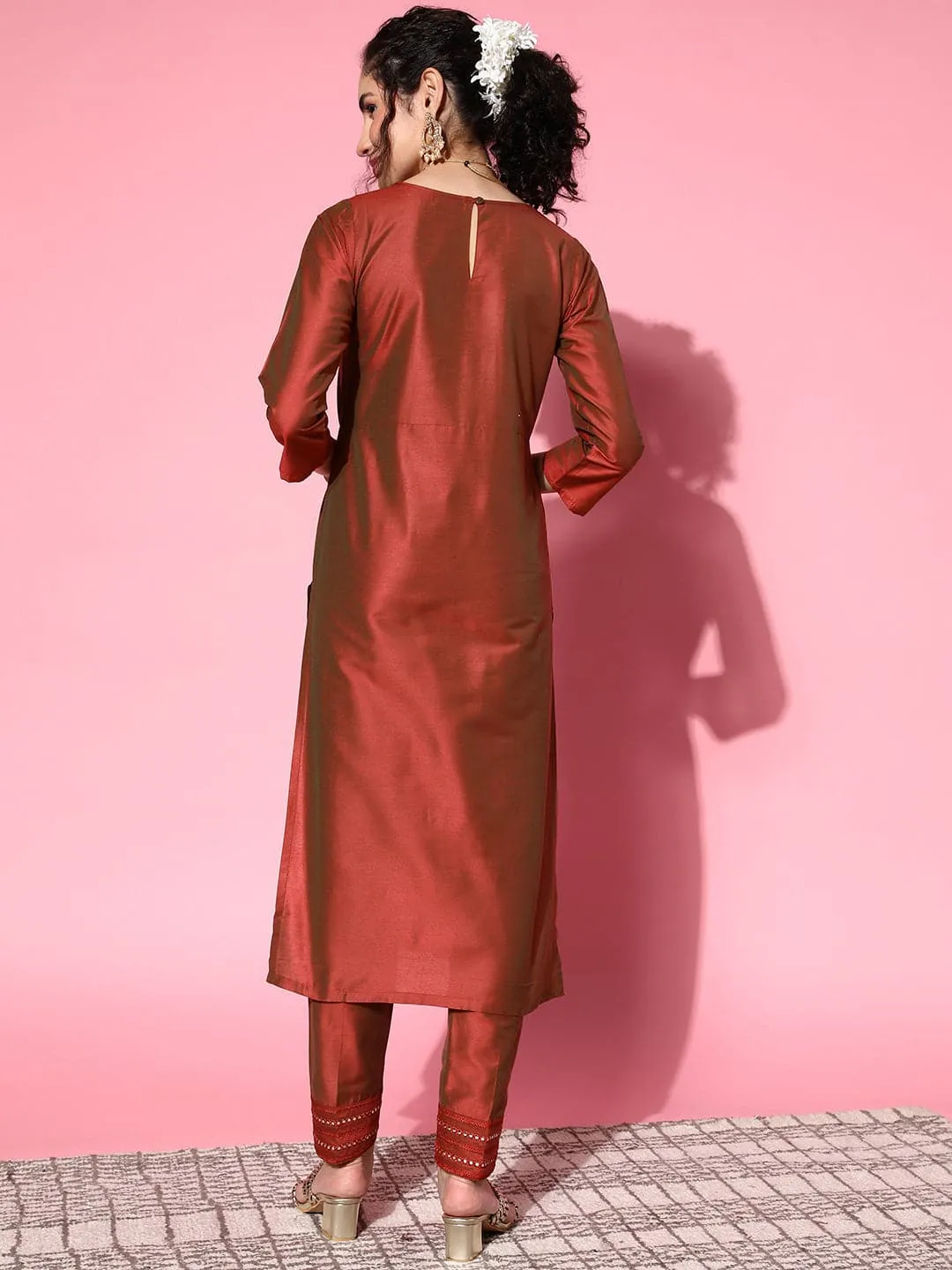 Women Rust Mirror Embroidered Kurta