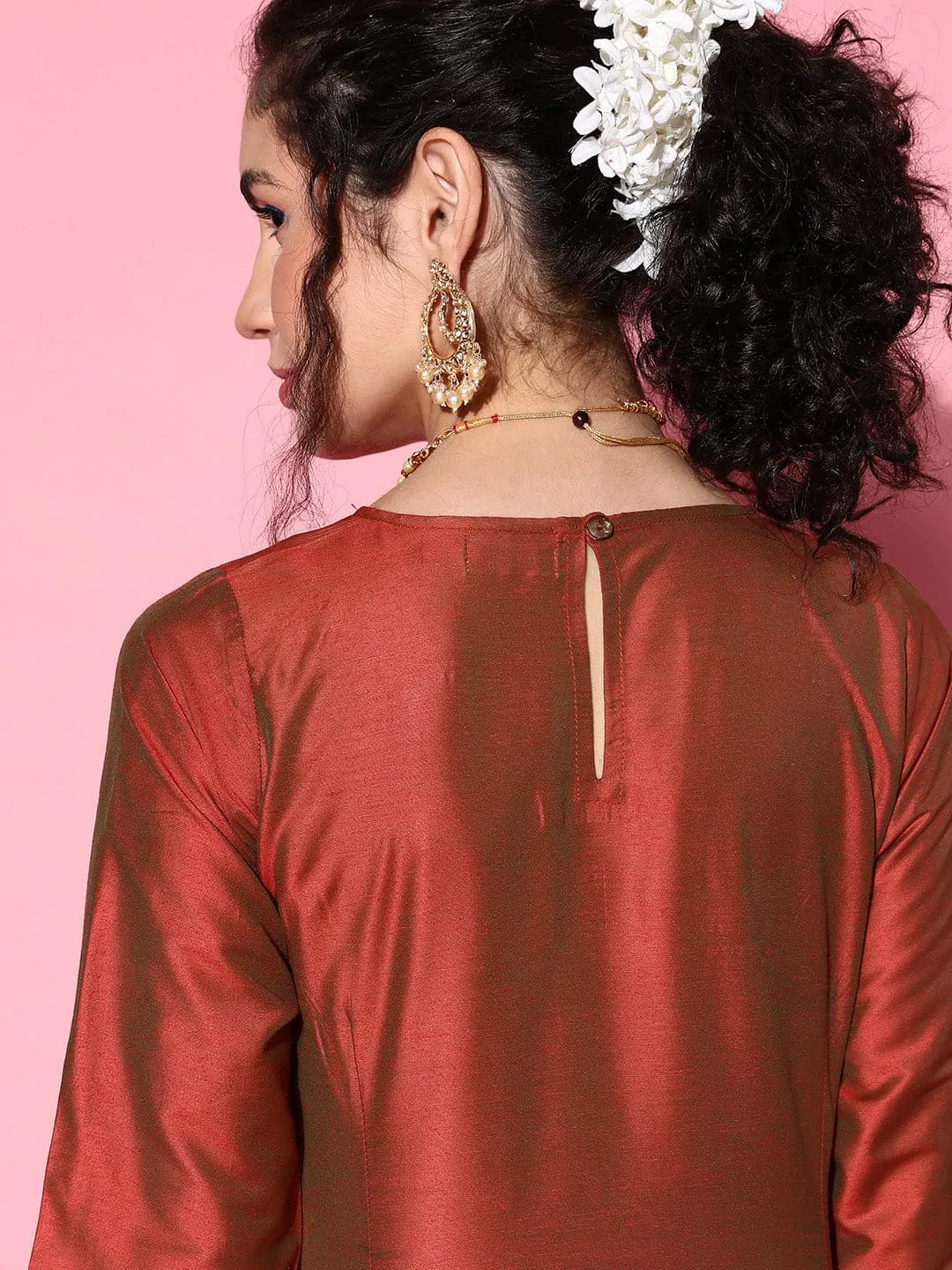 Women Rust Mirror Embroidered Kurta