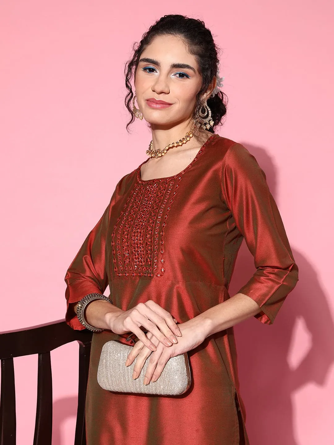 Women Rust Mirror Embroidered Kurta