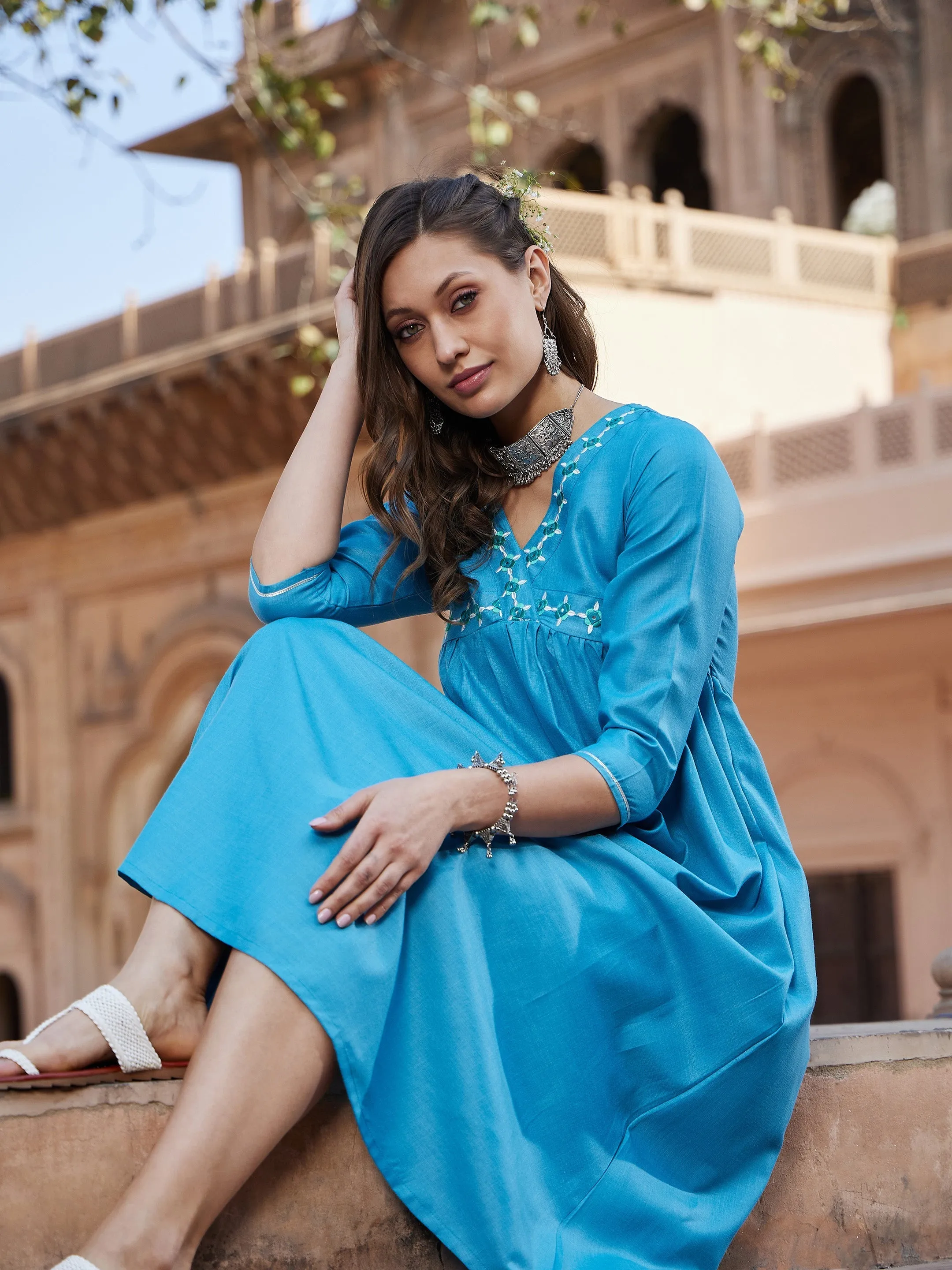 Women Teal Embroidered Slant Empire Seam Kurta