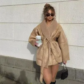Women's Cashmere Leather Fur Collar Belt Coat