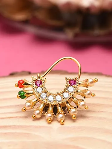 ZAVERI PEARLS Gold Tone Cubic Zirconia Wedding Collection Brass NoseRing For Women-ZPFK10102