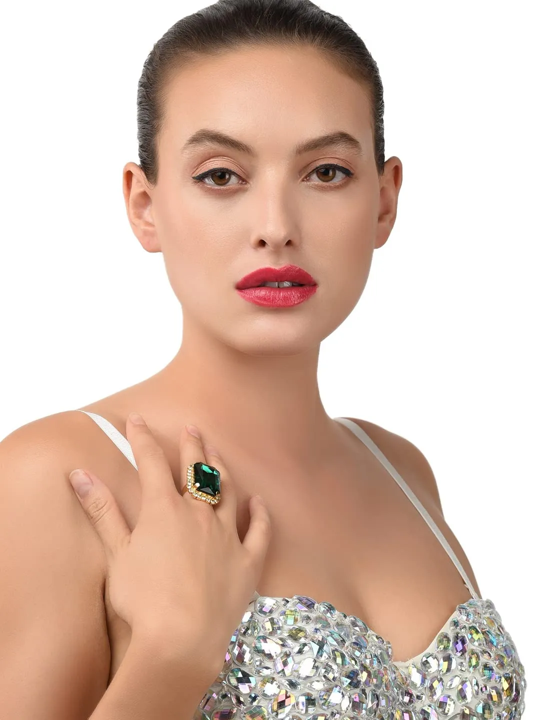 ZAVERI PEARLS Green Crystal Shine Stone Party Bling Contemporary Adjustable Finger Ring For Women-ZPFK10009