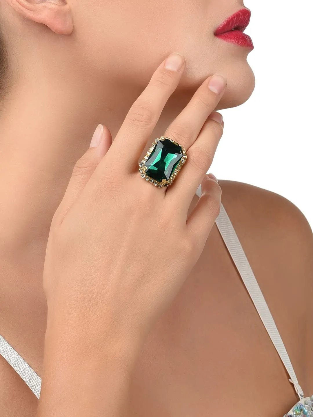 ZAVERI PEARLS Green Crystal Shine Stone Party Bling Contemporary Adjustable Finger Ring For Women-ZPFK10009